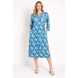 Susan Graver Liquid Knit Geometric Print Split Neck Midi Dress Blue Teal 1X